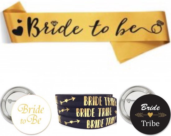 Vrijgezellenfeest set Bride to Be zwart met goud en wit met sjerp, armbanden en buttons twintig delig - vrijgezellenfeest - sjerp - button - team bride - bruid - bride to be - trouwen