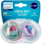Philips Avent Ultra Air Fopspeen - 6 tot 18 Maanden - 2 Speentjes - Groen/Paars Poes/Koala - SCF085/18