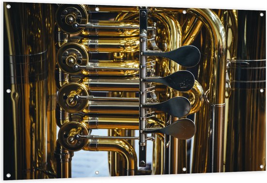 Tuinposter – Knoppen van Gouden Trompet - 150x100 cm Foto op Tuinposter (wanddecoratie voor buiten en binnen)