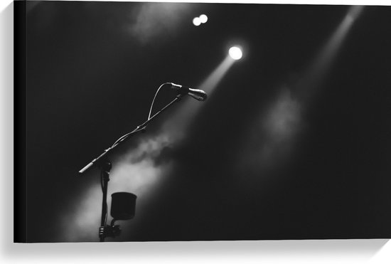Canvas - Microfoon bij Rook en Podiumlampen (Zwart- wit) - 60x40 cm Foto op Canvas Schilderij (Wanddecoratie op Canvas)