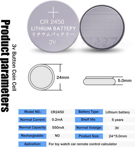 CR2450 lithium knoopcel batterij, 3V, 24mm diameter, 5mm dik. Met productparameter details.