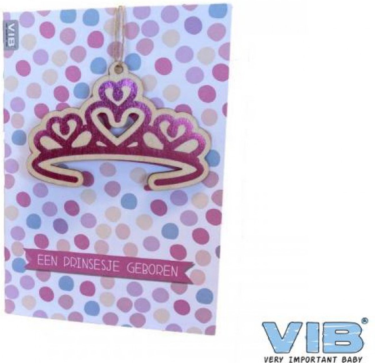 Wenskaart met Houten Hanger Tiara 'Een Prinsesje Geboren' Roze