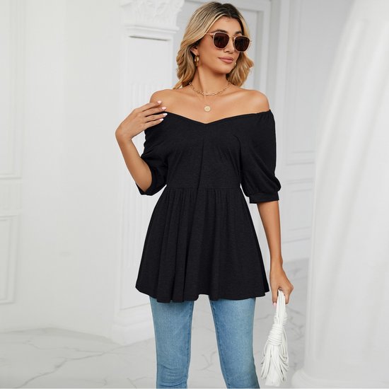 Chemisier Femme - Chemise Femme - Haut Femme - Col V- Zwart - Taille : S