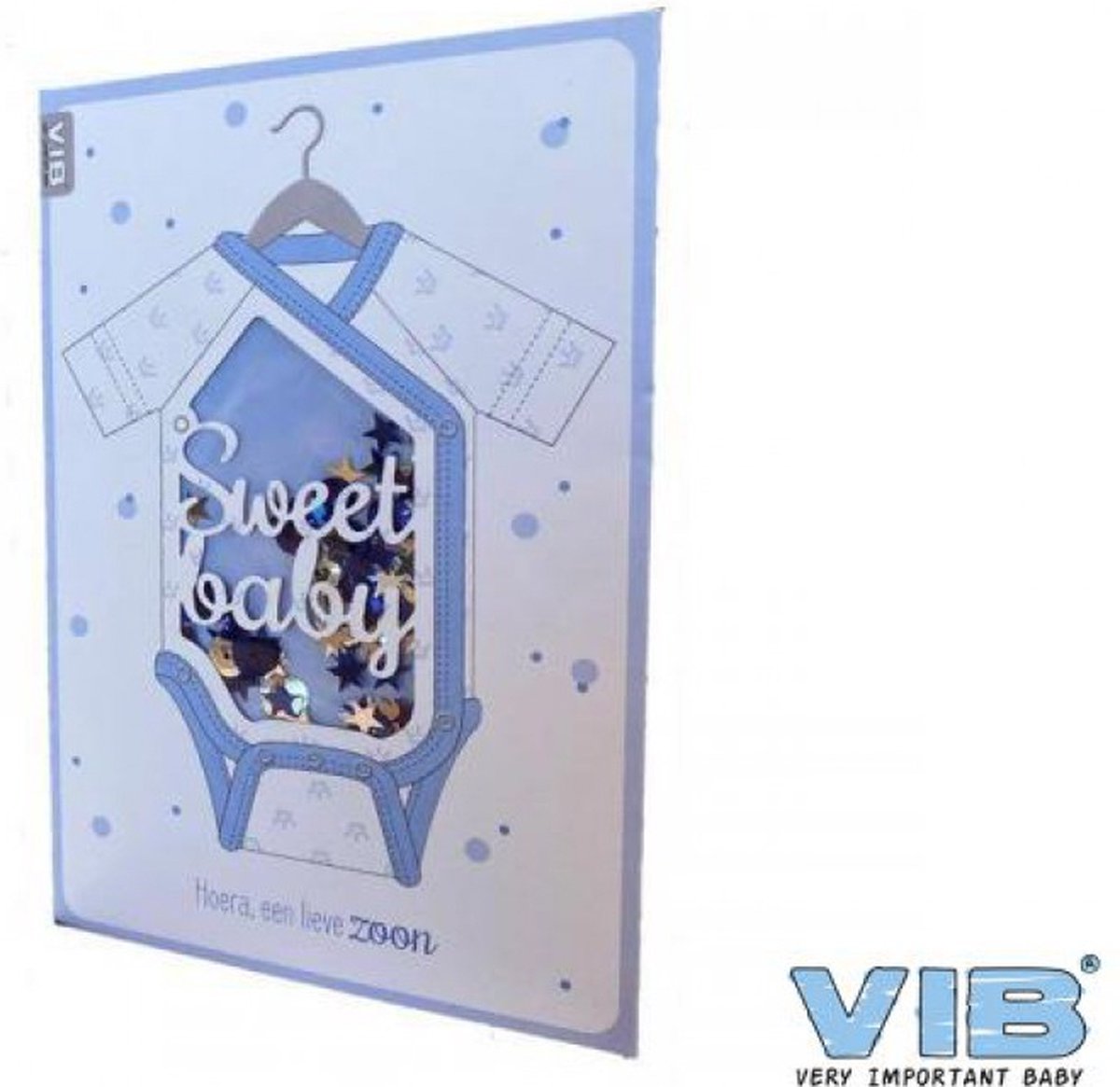 Wenskaart Schudbaar met pailleten Sweet Baby 'Hoera een lieve zoon' Blauw