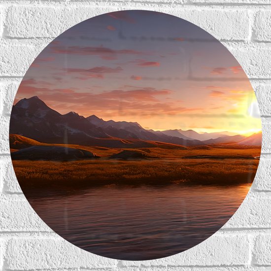 Muursticker Cirkel - Zon Zakkend achter de Bergen in Prachtig Berglandschap - 50x50 cm Foto op Muursticker