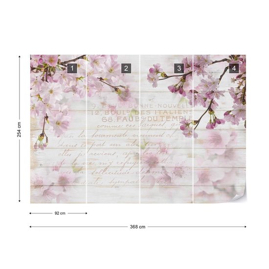 Sticker mural planches de bois Vintage Chic Cherry Blossom | V8 - 368 cm x 254 cm | Polaire 130gr / m2
