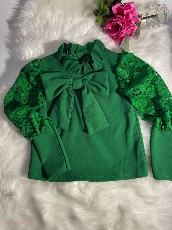 Meisjes blouse met Lintje - Groen - Maat 140