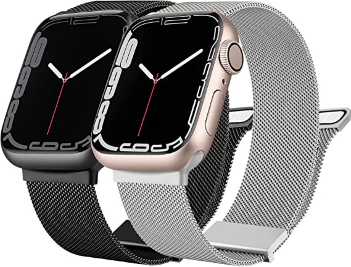 2 Stuks | RVS | Milanese Vervangende Smartwatch Band | Stalen Magnetische Horlogeband | Stalen Bandvervanging van Roestvrij staal | Horlogeband Accessoires | Geschikt Voor Apple Watch | 42mm / 44mm / 45mm | Zilver / Zwart