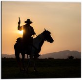 Dibond - Zonsondergang achter Cowboy op Bruin met Wit Paard met Geweer - 50x50 cm Foto op Aluminium (Wanddecoratie van metaal)