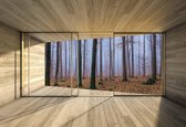 Fotobehang Window Forest Trees Fog Leaves Nature | XXL - 312cm x 219cm | 130g/m2 Vlies