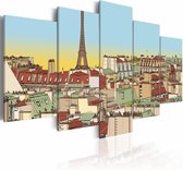 Schilderij - Tekening van Parijs, Multi-gekleurd, 5luik, wanddecoratie