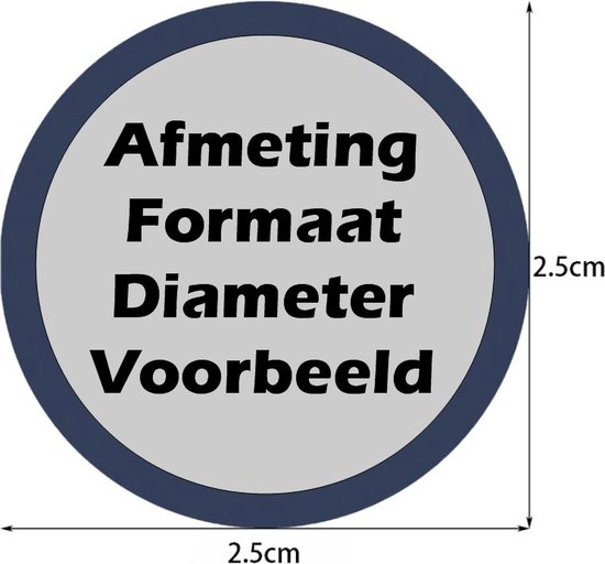 Cirkel met de tekst 'Afmeting Formaat Diameter Voorbeeld' en afmetingen 2.5cm x 2.5cm.