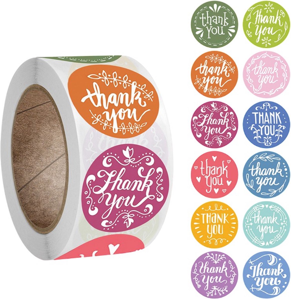 500 Stickers Op Rol - 2.5cm - Thank You Mix - Bedankt Stickers - Sluitsticker - Sluitzegel - 25mm - 500 Stuks