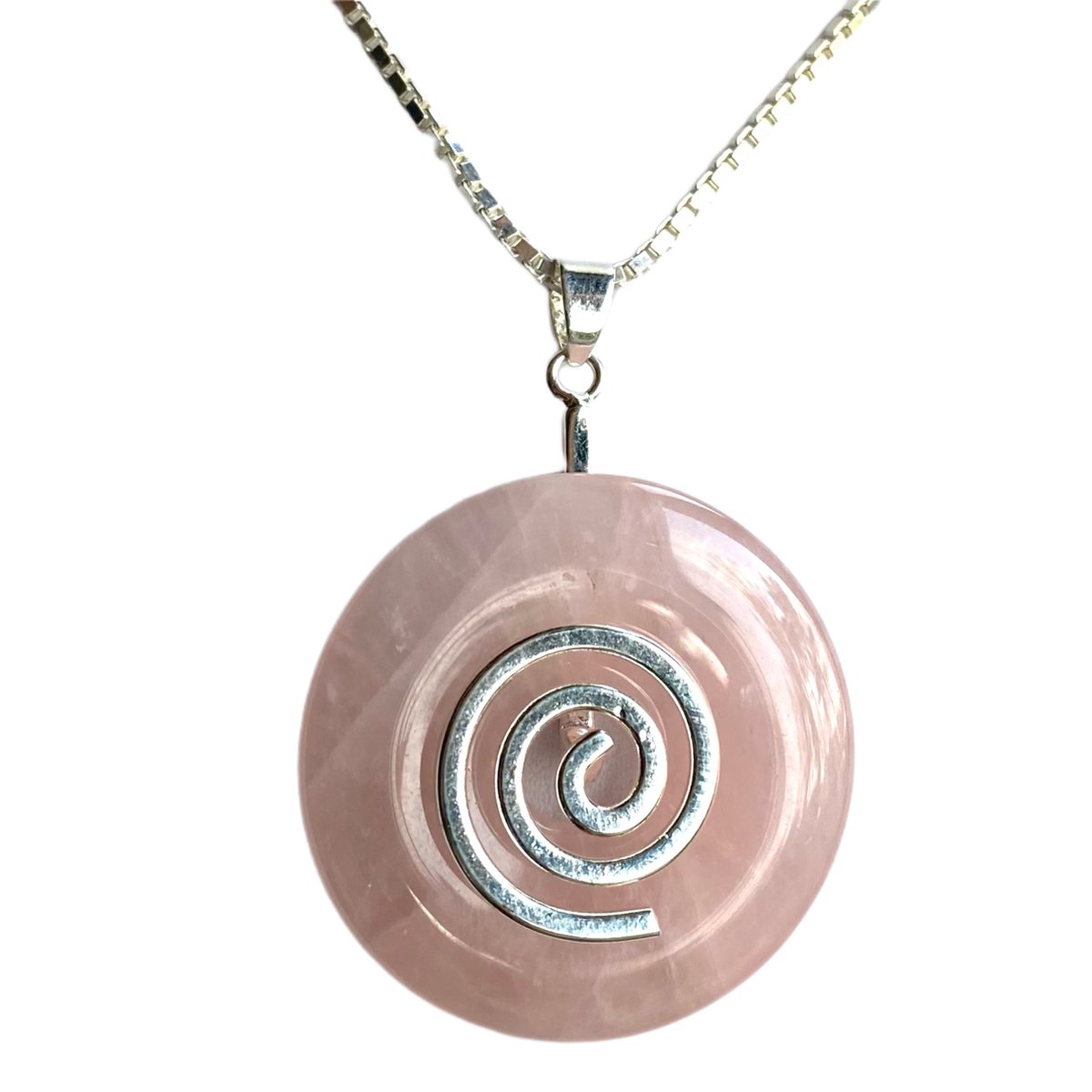 Rozenkwarts - (Zelf-) Liefde - Cirkel 3,5 cm - Levensspiraal - Cirkel - Edelsteen - Zilveren - Ketting - 60 cm - Donut - Cadeau - Levenskracht - Sieraad