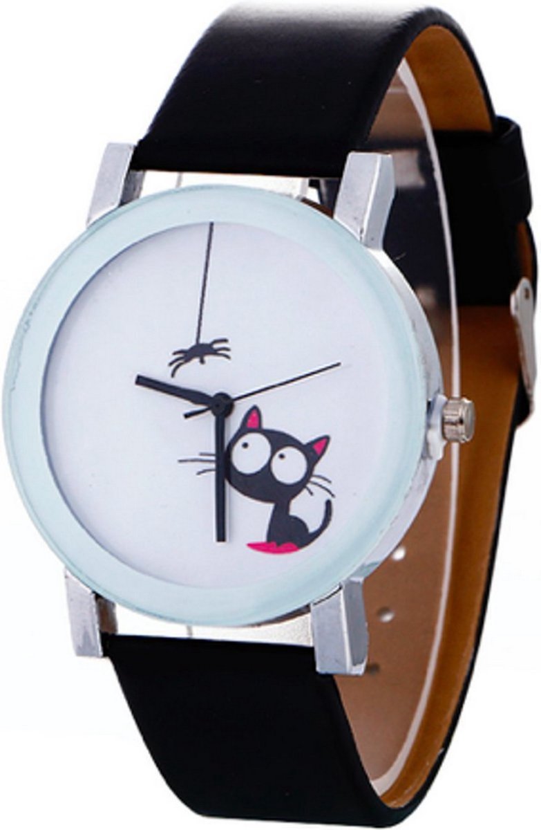 Hidzo Horloge Cute Cat Ø 37 mm - Zwart - Kunstleer
