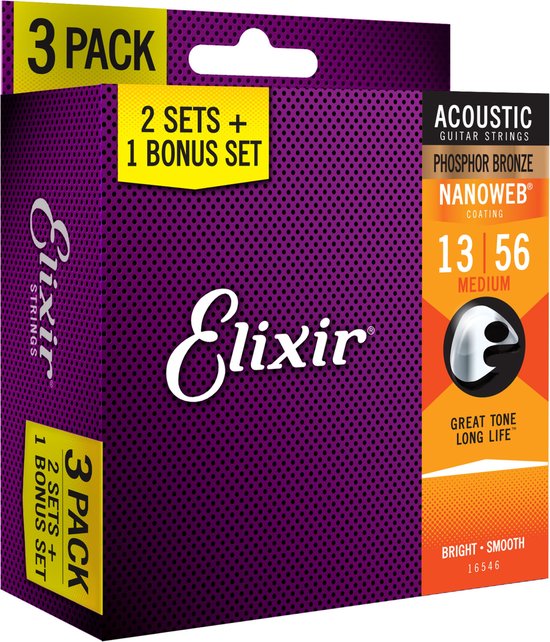 Elixir 16546 Phosphor Bronze Nanoweb Medium Acoustic Strings 13-56 (3 ...