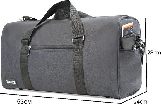 Donkergrijze reistas van 53x28x24cm met voorvak met rits en zijvak met creditcardhouder.