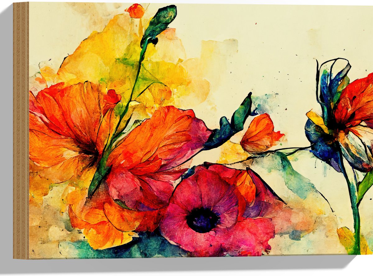 Hout - Abstracte Bloemen in Verschillende Kleuren van Waterverf - 40x30 cm - 9 mm dik - Foto op Hout (Met Ophangsysteem)