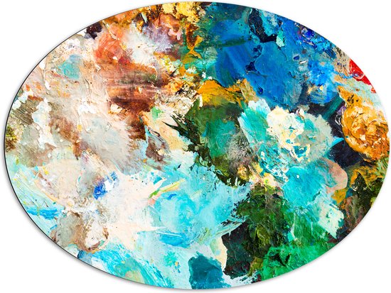Dibond Ovaal - Abstrcat Kunstwerk van Verschillende Kleuren Verf op Schilderij - 108x81 cm Foto op Ovaal (Met Ophangsysteem)