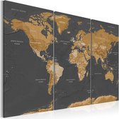 Schilderij - Wereldkaart , Wereld in Bruintinten , 3 luik