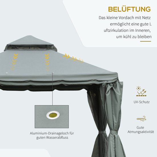 Outsunny tuinpaviljoen partytent 4 x dubbele zijwanden lantaarnhaak aluminium polyester brons lichtbruin ca. 3 x 3 x 2,5 m