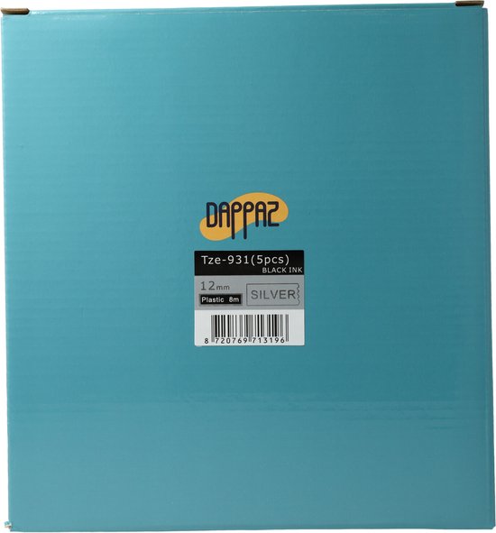 Blauwe doos met Dappaz logo en Tze-931 (5 stuks) label tape specificaties: Zwart op Zilver, 12mm, Plastic 8m.