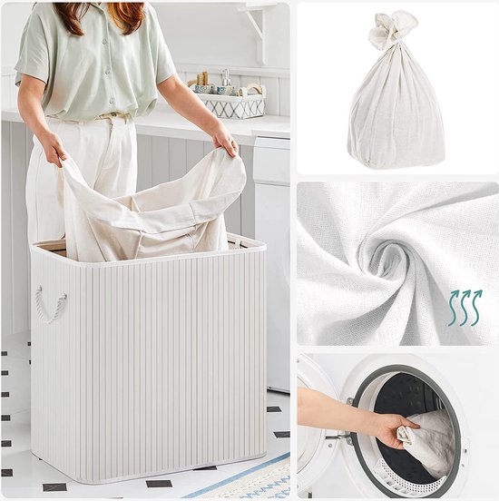 Wasmand, wasverzamelaar, gemaakt van bamboe, waskist met handvaten, 3 compartimenten, deksel met clips, 150 L, opvouwbaar, voor wasruimte, slaapkamer, badkamer, wit - Merkloos