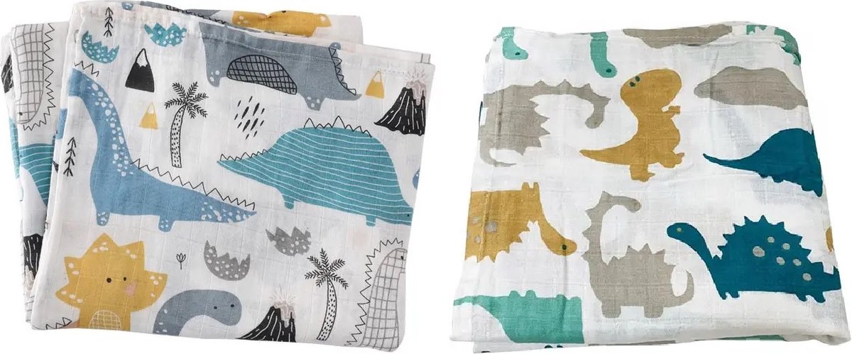 Goedkoopste 2 Stuks - Hydrofiele Doek XL - Dinosaurus - 120x120 cm - Baby Inbakerdoek