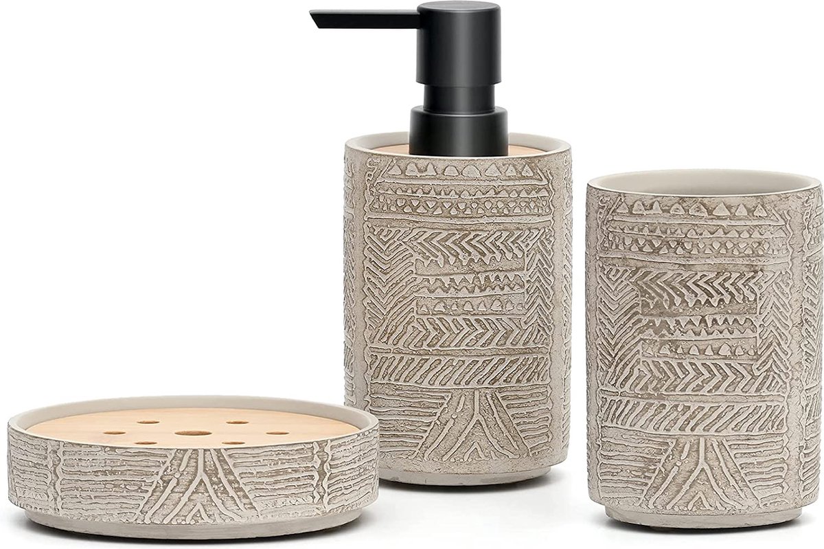 Retro badkameraccessoireset met reliëfpatroon, badkameraccessoireset 3-delig, inclusief zeepdispenser, zeepbakje en tandenborstelhouder