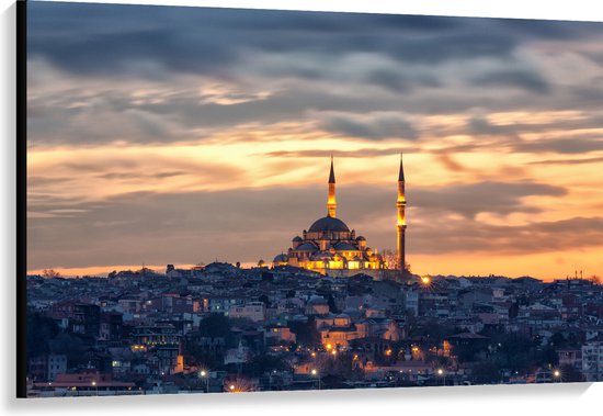 WallClassics - Canvas - Süleymaniye-Moskee op Begin van de Avond in Istanbul, Turkije - 120x80 cm Foto op Canvas Schilderij (Wanddecoratie op Canvas)