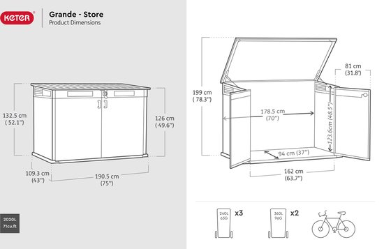 Keter Cortina Mega Armoire de Rangement - 2020L - 190,5x109,3x132,5cm - Gris Foncé