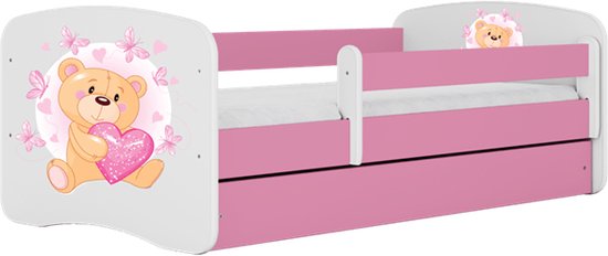 Kocot Kids - Bed babydreams roze teddybeer vlinders met lade met matras 140/70 - Kinderbed - Roze