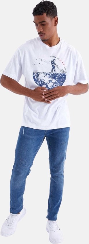 La Pèra Heren T-Shirt 100% katoen Ronde hals - wit met blauwe print - XL