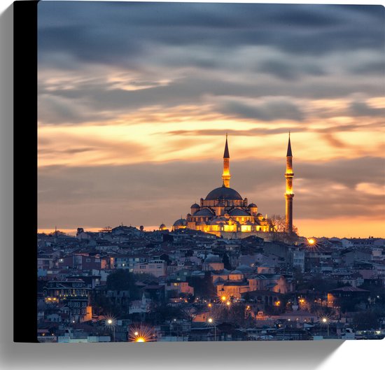 WallClassics - Canvas - Süleymaniye-Moskee op Begin van de Avond in Istanbul, Turkije - 30x30 cm Foto op Canvas Schilderij (Wanddecoratie op Canvas)