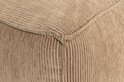 Détail d'angle d'un tissu velours côtelé marron avec des côtes prononcées et des surpiqûres nettes.