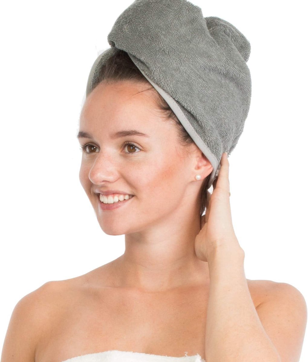 Haartulband haardroogdoek, hoofddoek, haarkap, handdoek met knoop, 100% katoen, grijs