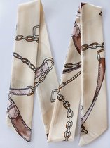 Le Sjalerie Smalle Sjaal/ Hoofdband / Haarband / Armband Beige Met Mooie Print Satijn
