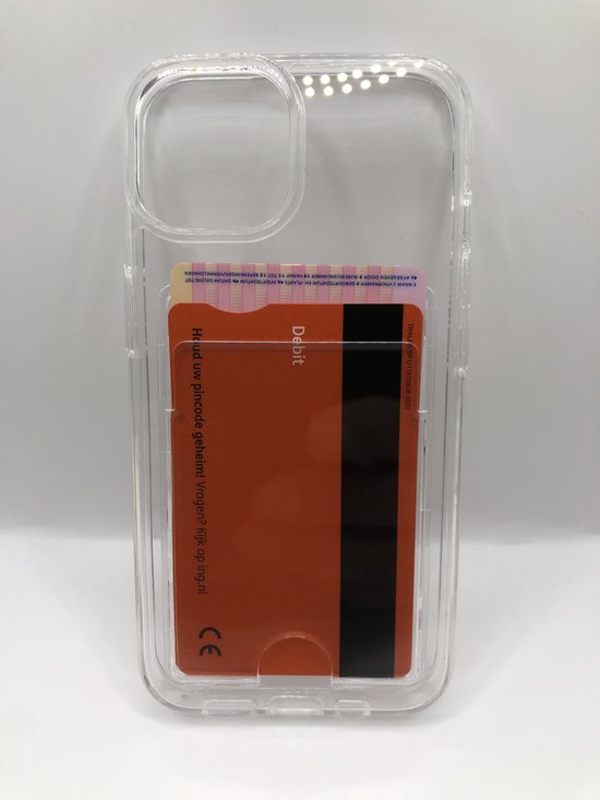 Transparante telefoonhoes met oranje pinpas en tekst 'Houd uw pincode geheim'.
