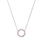 New Bling 9NB-1062 Zilveren Ketting met Zirkonia Hangertje Cirkel - 18mm Doorsnee - Roze Wit - 40+5cm - Rhodium - Zilver