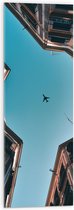 Acrylglas - Vliegtuig in het middan van twee Gebouwen - 30x90 cm Foto op Acrylglas (Met Ophangsysteem)