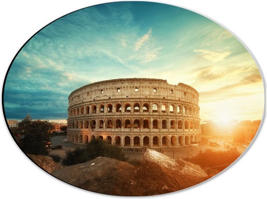 Dibond Ovaal - Zonsondergang achter het Colesseum in Rome, Italië - 40x30 cm Foto op Ovaal (Met Ophangsysteem)