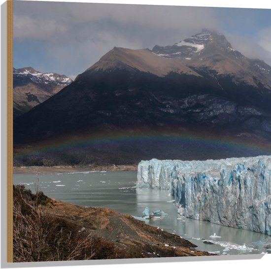 WallClassics - Hout - Regenboog in Landschap met IJskappen - 80x80 cm - 9 mm dik - Foto op Hout (Met Ophangsysteem)