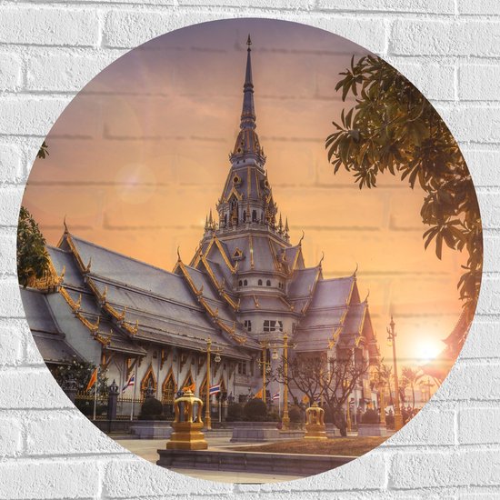 Muursticker Cirkel - Mooi Kasteel met Zonsondergang in Thailand - 80x80 cm Foto op Muursticker
