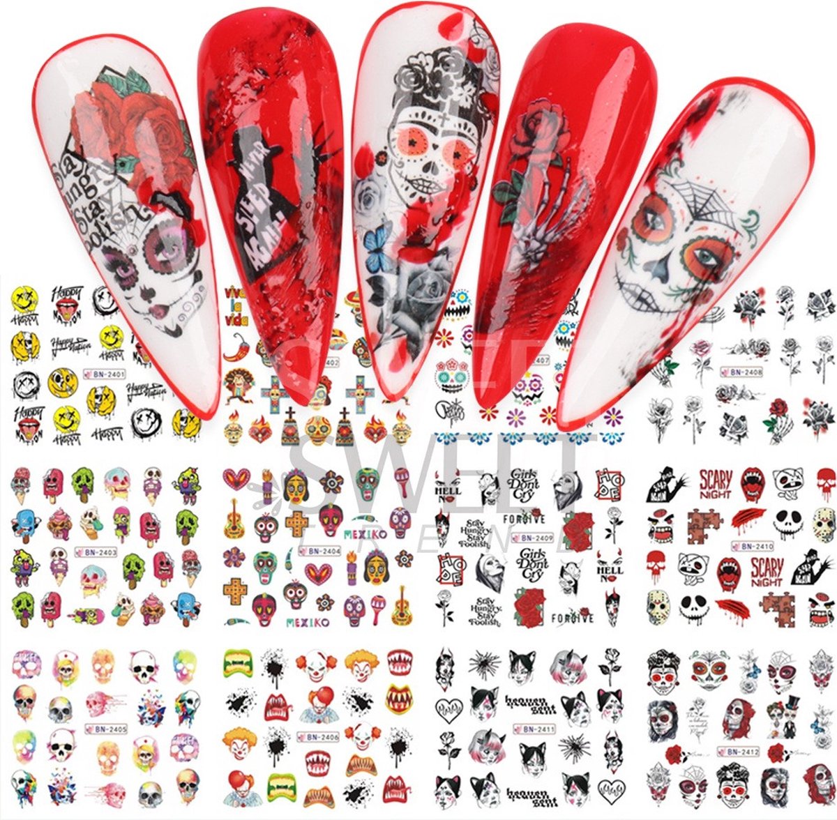 Goedkoopste 12 Stuks Nagelstickers – Dark Art – Doodshoofden, Gothic Thema – Nail Art Stickers – Set van 12 nagelstickers – Dark Art designs – Doodshoofden, gothic thema – nail art en decoratie – Gemakkelijk aan te brengen – thuis en salons