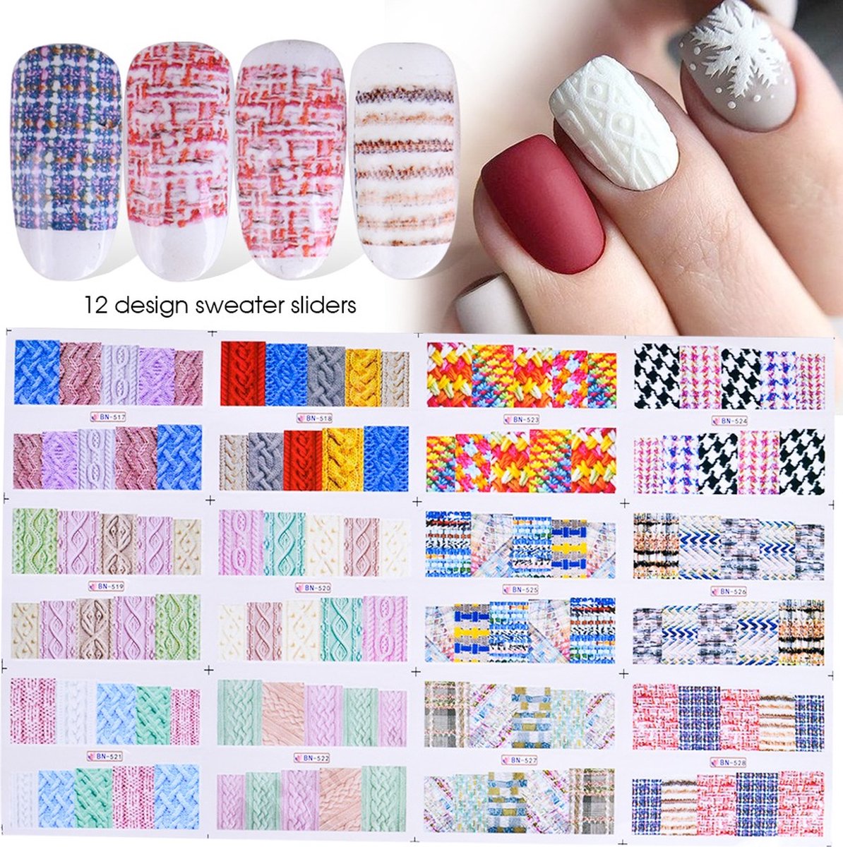 Goedkoopste 12 Stuks Nagelstickers – Gebreien Truien Patroon – Knitting Pattern – Nail Art Stickers