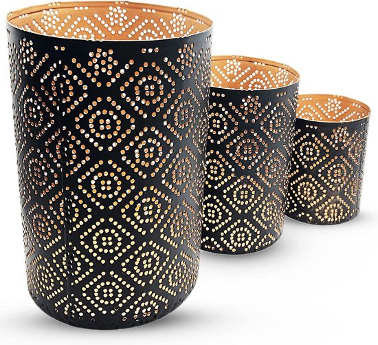 Lantaarn Set Oosterse Decoratie - Kaars/Theelichthouder Goud Zwart - Metaal - Marokkaans/Indiaas Modern Woondecoratie Lamp/Lantaarn, 3 Stuks