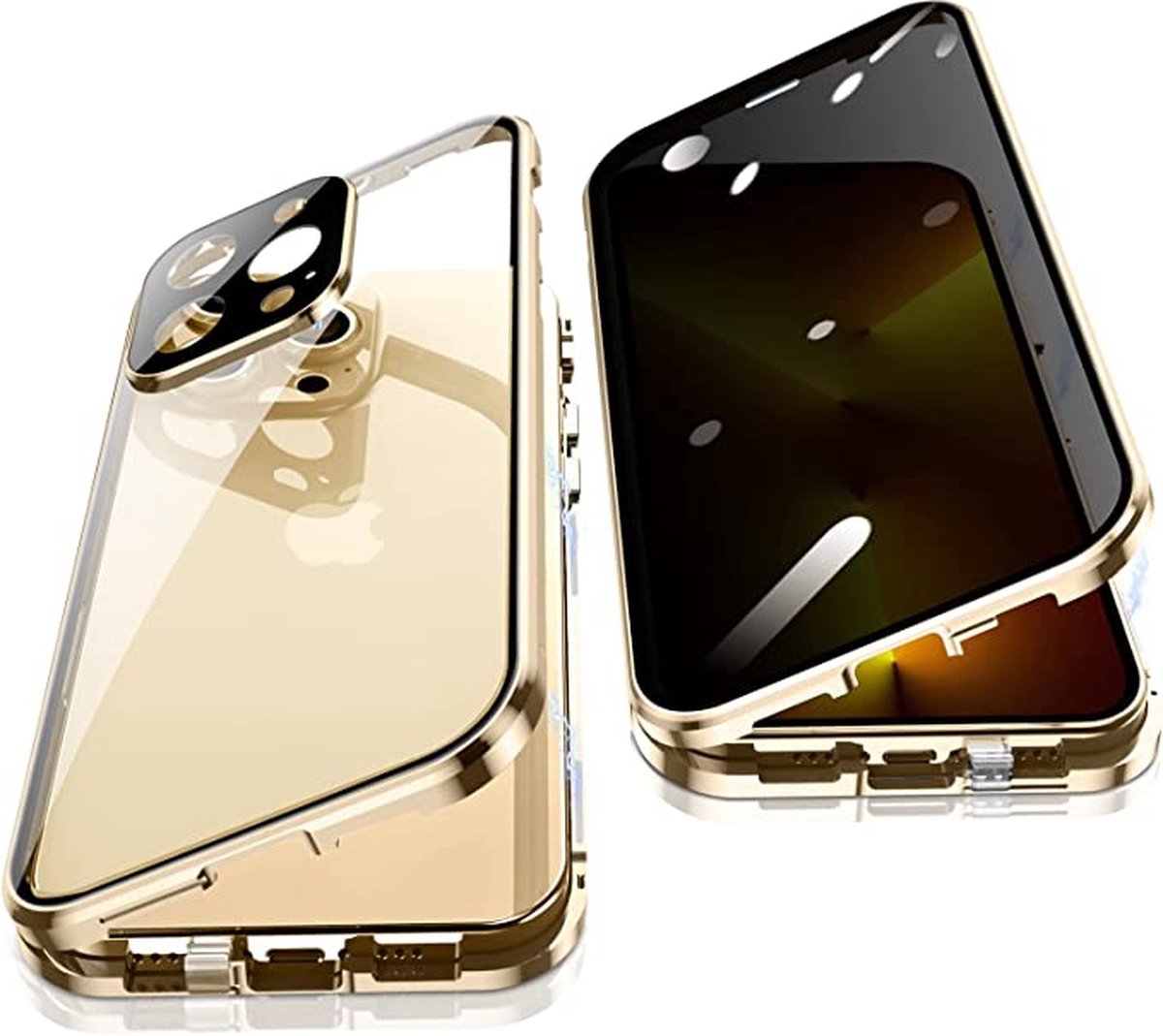 Fiquesa Autri® - Iphone 13 pro max hoesje - goud - privacy scherm - Dubbelzijdig glas protector - metalen bumper