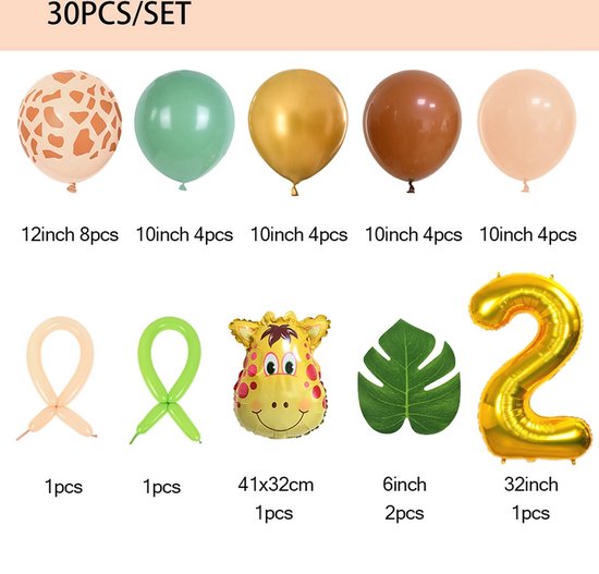 Verjaardags ballonnen - 2 jaar - 30 stuks - kinderfeestje - verjaardag - dieren - ballonen - set - cijfer ballon