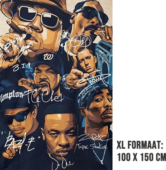 Allernieuwste.nl® Wandkleed XL Hip Hop Legends 2PAC, Dr Dre, Snoop Dogg, Emenim, Biggie, Tupac, Ice Cube Met Handtekeningen - Muziek oude school - Kleur - 100 x 150 cm