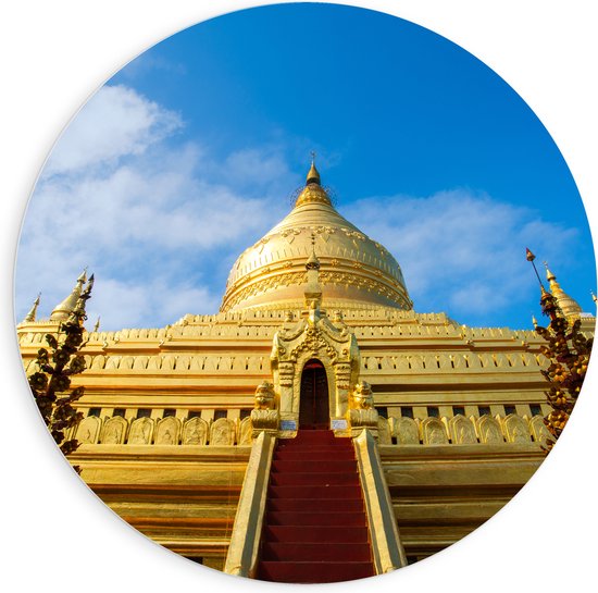PVC Schuimplaat Muurcirkel - Vooraanzicht van Gouden Shwezigon Pagoda Tempel in Myanmar - 90x90 cm Foto op Muurcirkel (met ophangsysteem)